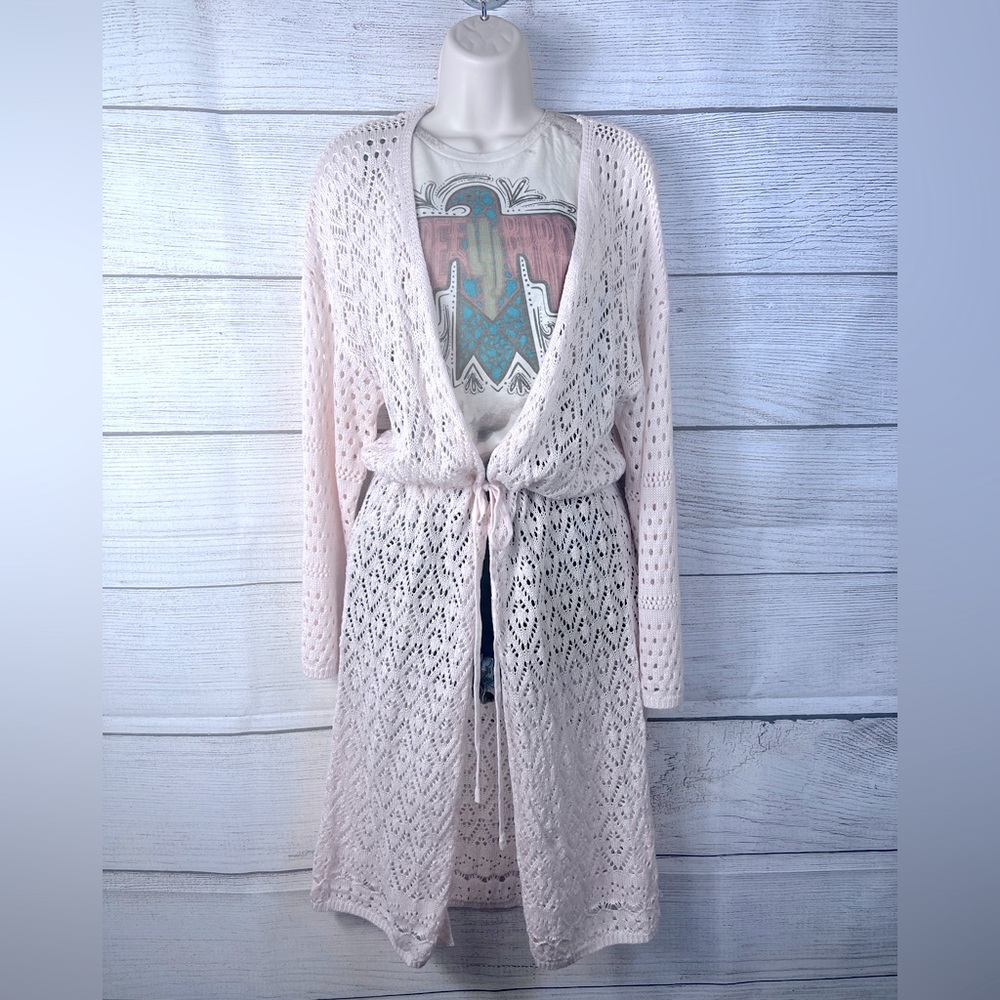 Boutique Brand Open Knit Tie Front Drop Shoulder Cardigan Duster Apricot 💗